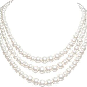 Round Imitation Pearl Necklace Vintage Multi Strands Necklace 20s Flapper Neckla